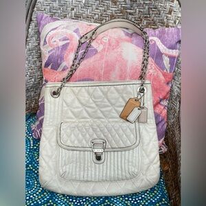 COACH POPPY Leather Slim Tote Bag Shoulder Purse Parchment